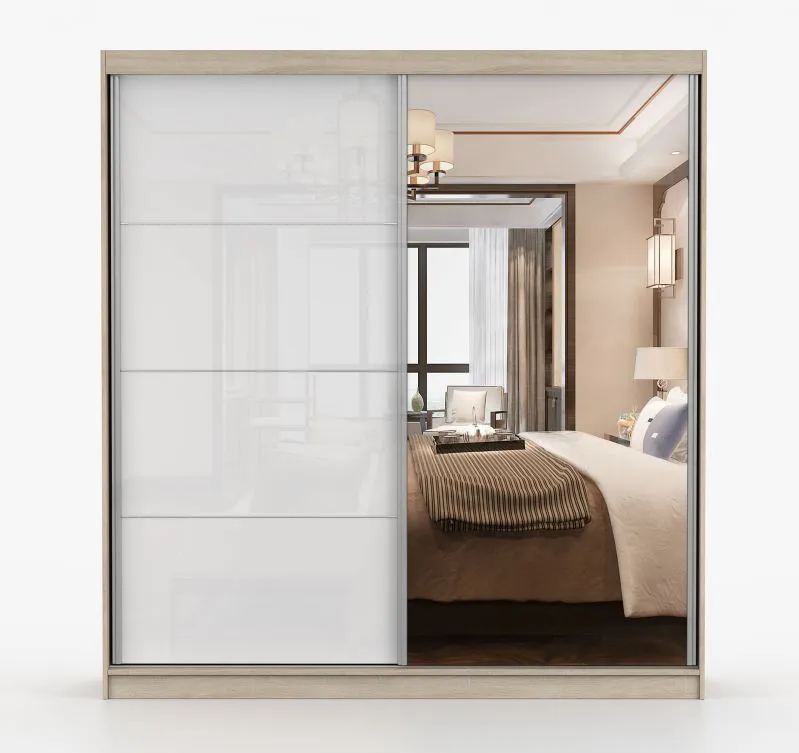 Schiebetürenschrank / Kleiderschrank | mit Spiegel Weiß / Sonoma Eiche | Sredna 08 | 218 x 203 x 61 cm | 2 Türen | 7 Fächer | 3 Schubladen
