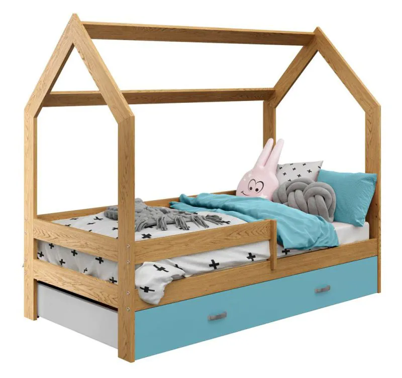 80 x 160 cm Kleinkinder-Bett mit Rausfallschutz | inkl. Stauraum / Schublade | Massivholz: Kiefer | Natur Lackiert | inkl. Lattenrost Abbildung