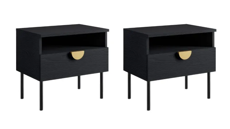 Nachtkommode Amfipoli 09, 2er Set, Soft-Close-Funktion, ein offenes Fach, Farbe: Schwarz mit Holzstruktur, eine Schublade, Maße: 45,5 x 50 x 43,5 cm