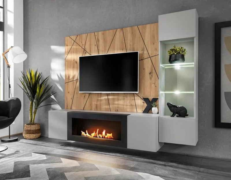 Wohnwand | inkl. LED-Beleuchtung | Farbe: Perla Grau / Eiche Artisan | Bio-Ethanol Kamin | Maße: 200 x 40 x 158 cm | 1 TV-Unterschrank | 1 Vitrine