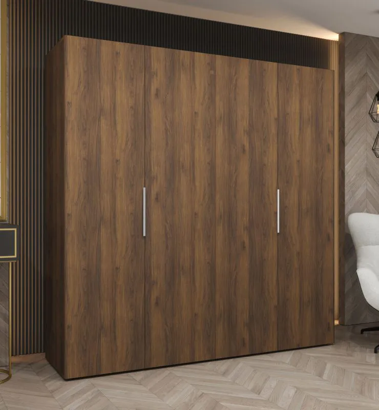 Drehtürenschrank mit 2 Meter breite | Farbe: Walnuss | vier Türen | Soft-Close-Funktion | zwei Fächer | Griffe: Silber | zwei Kleiderstangen | Kleiderschrank
