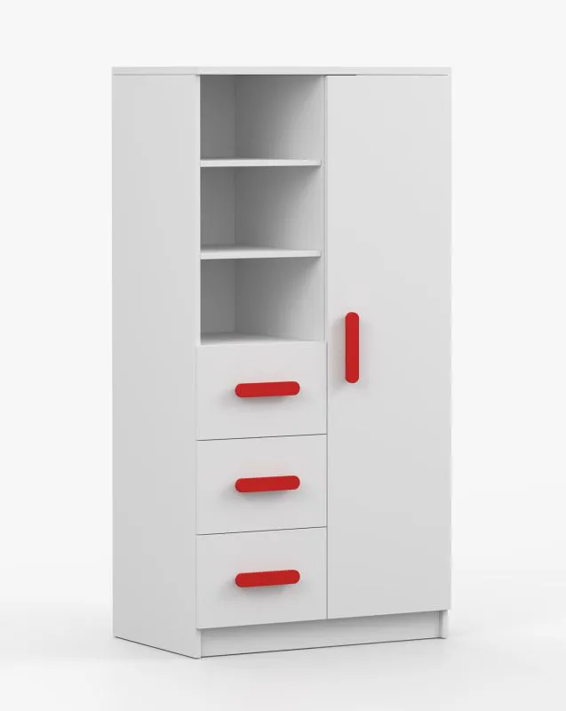 Bücherregal 80 cm breit | Weiß | Smolikas 45 | 3 Schubladen | rote Holzgriffe | 7 Fächer | 159 x 80 x 40 cm | Kinder | Jugend