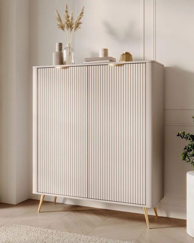 Kommode | Beige | 2 Drehtüren | 6 Fächer | 113 x 38 x 134 cm | Griffe & Beine: Metall | ABS-Kanten | modernes Lamellen Design | Highboard