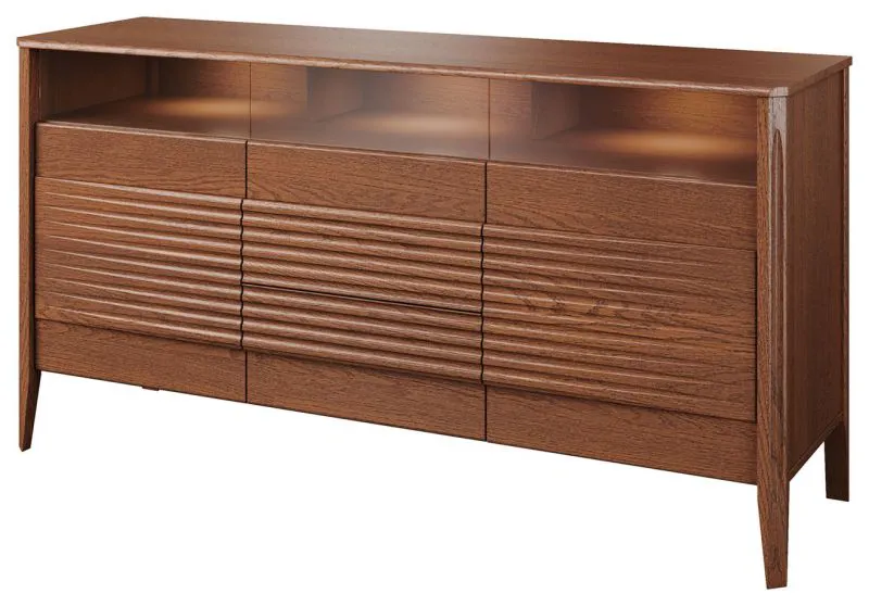 Kommode mit 2 Türen und 2 Schubladen Gorica 09, in Eiche Rustikal, 85 x 161 x 50 cm, inklusive LED-Beleuchtung, Soft Close System, teilmassiv, Antisol-Glas Bronze