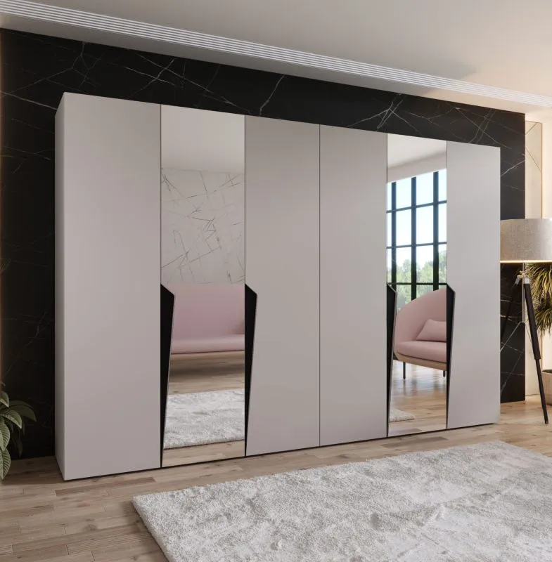 Kleiderschrank / Drehtürenschrank | Farbe: Kaschmir | 2 Spiegeltüren | 4 Fächer | 4 Kleiderstangen | Soft-Close | Griffe: Schwarz | Maße: 300 x 52 x 202 cm | ABS