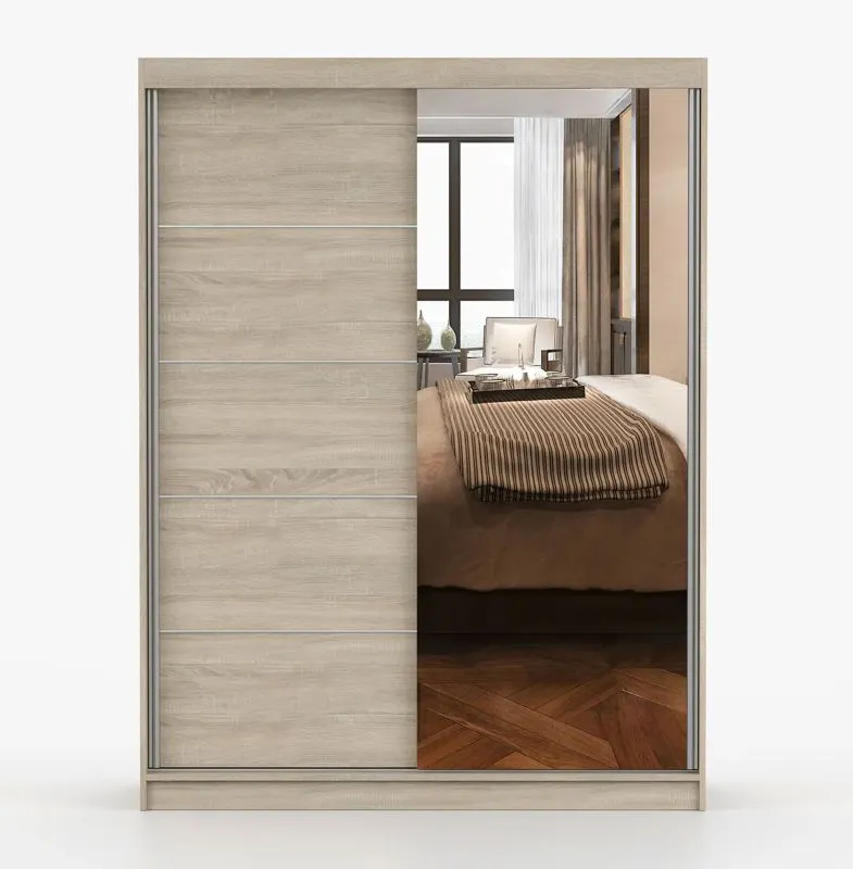 Kleiderschrank / Schiebetürenschrank | Sonoma Eiche | Bucegi  23 | mit Spiegel | 2 Türen | Griffe: Aluminium | 6 Fächer | 200 x 150 x 61 cm