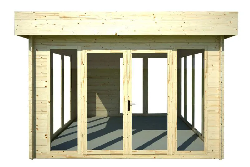 Gartenhaus 3,7 x 3,5 Meter (inkl. Dach) | Naturbelassen | Flachdach | 28 mm Blockbohlen Abbildung