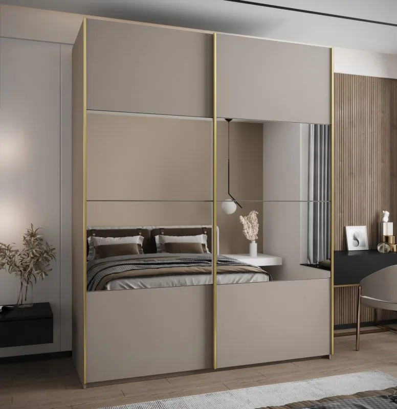 Kleiderschrank / Schiebetürenschrank | Farbe: Kaschmir | 245,5 x 190 x 64 cm | 2 Schiebetüren | 11 Fächer |Spiegel | Soft-Close | 2 Kleiderstangen
