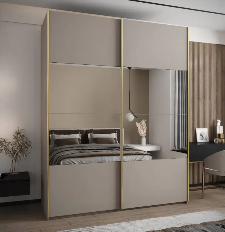 Kleiderschrank / Schiebetürenschrank | 245,5 x 200 x 64 cm | 2 Schiebetüren | 2 Kleiderstangen | 11 Fächer | Spiegel | Soft-Close | Farbe: Kaschmir