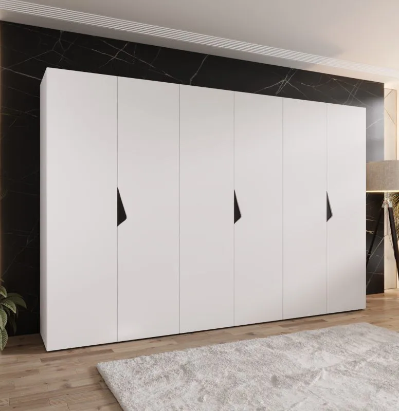 Drehtürenschrank | 6 Türen | Farbe: Weiß | 3 Kleiderstangen | Griffe: Schwarz | 3 Fächer | Maße: 300 x 52 x 202 cm | Soft-Close-Funktion
