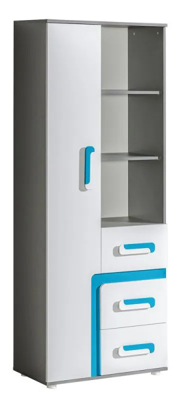 Jugendzimmer - Schrank Oskar 04, Farbe: Anthrazit / Weiß / Blau - 192 x 75 x 40 cm (H x B x T)