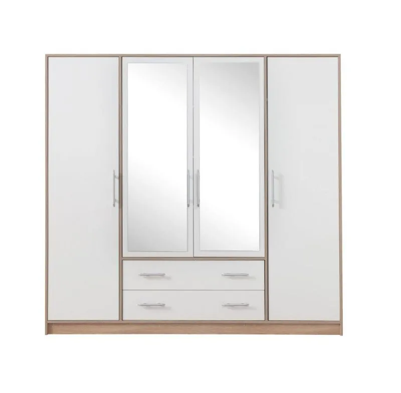 Schlafzimmer - Kleiderschrank mit Spiegel, Farbe: Weiß / Eiche - Abmessungen: 190 x 200 x 56 cm (H x B x T) Abbildung