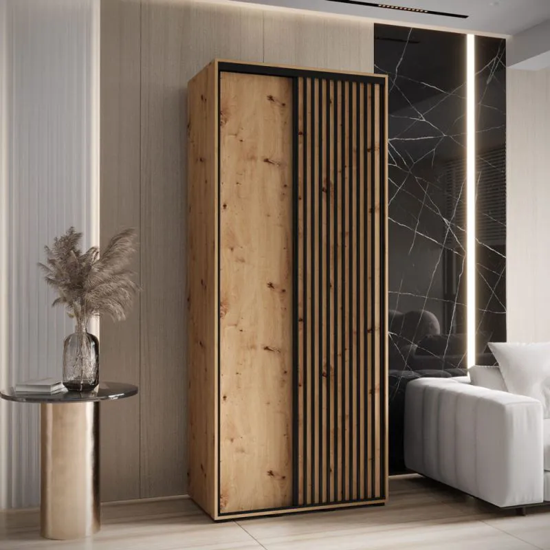 Eichenfarbener Kleiderschrank Mina mit Schiebetüren, 235,2 x 120 x 60 cm, Front aus laminierter Platte, Anti Staubbürsten, schwarze Metallgriffe