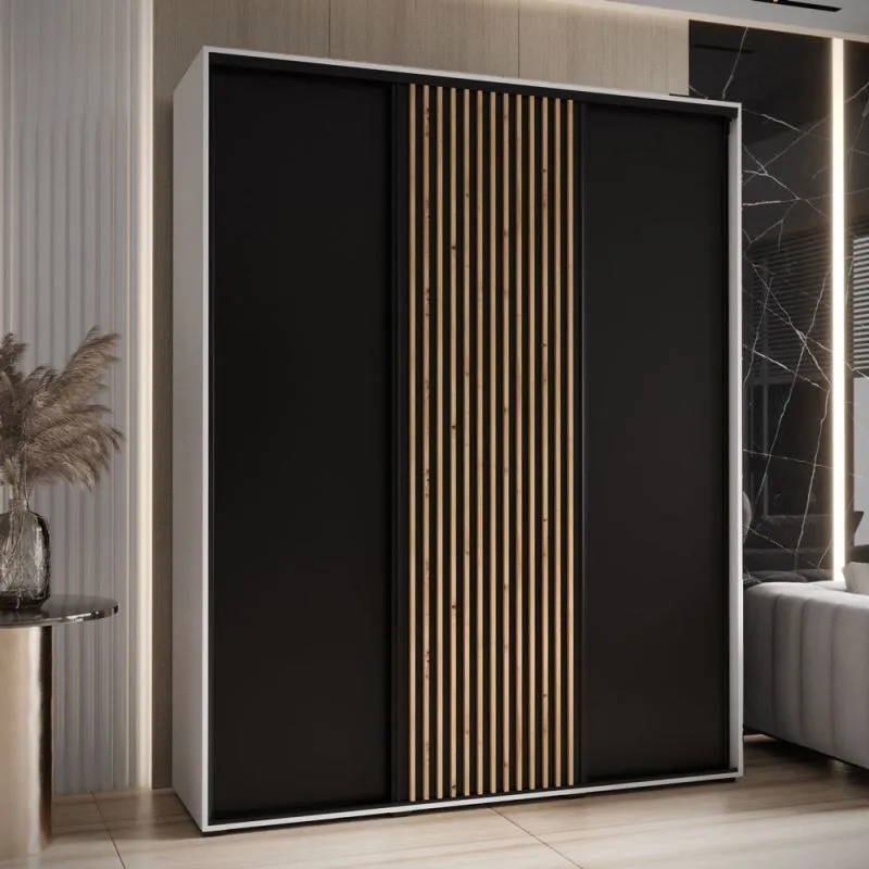 Platzsparender Kleiderschrank Tharo mit Schiebetüren in Weiß/Schwarz gehalten, Anti Staubbürsten enthalten, viel Stauraum, 235,2 x 190 x 45 cm