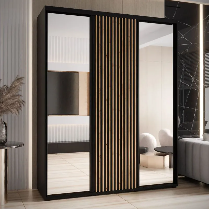 Schwarzer Schiebetürenschrank mit Spiegeln Mina, modernes Design, schwarze Metallgriffe, Anti-Staubbürsten, viel Stauraum, robust, 235,2 x 200 x 60 cm