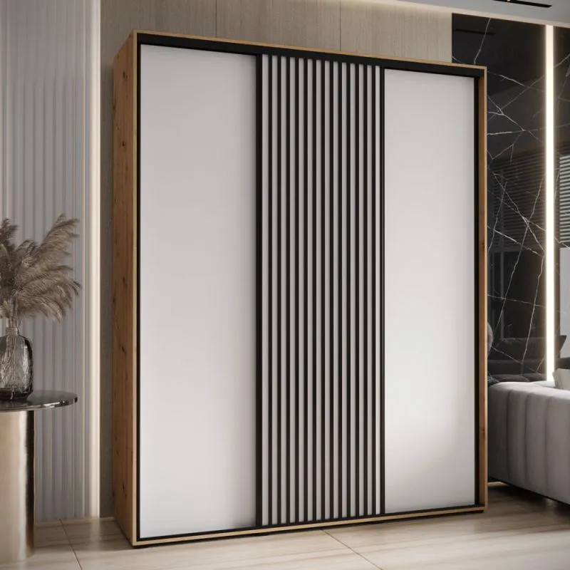 Schiebetürenschrank Mina in Weiß/Eiche, Metallgriffe in schwarz gehalten, Front aus laminierter Platte (16 mm), platzsparend, 235,2 x 200 x 60 cm