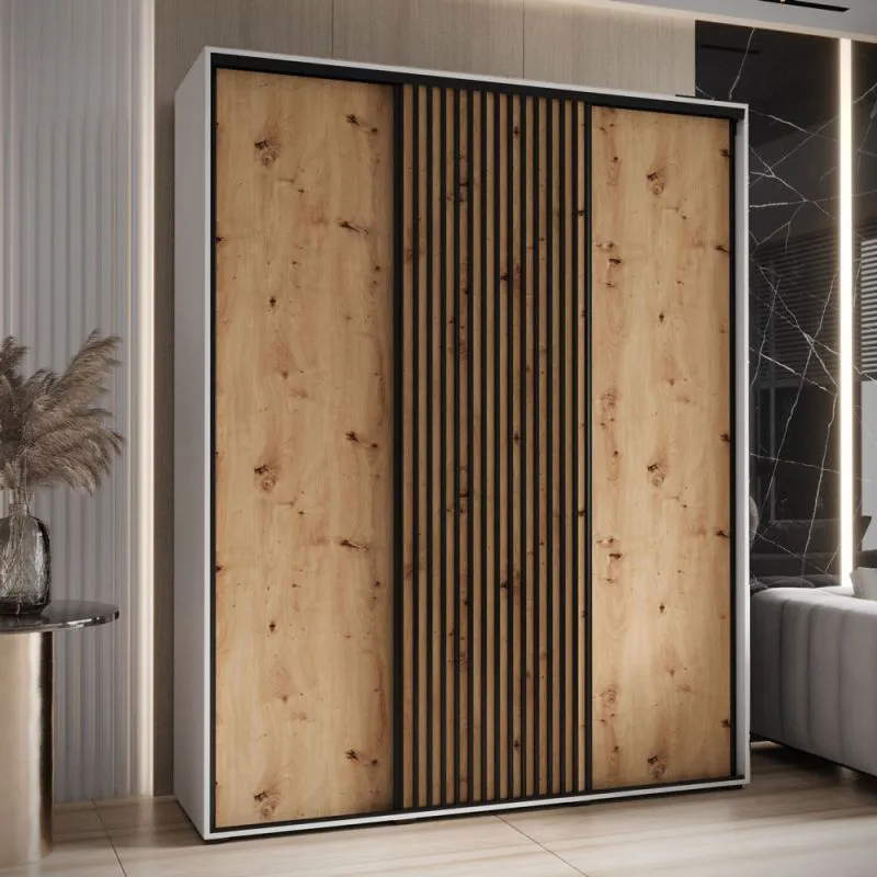 Schiebetürenschrank Mina in Weiß/Eiche, Metallgriffe in schwarz, Front aus laminierter Platte, Lamellen aus Kunststoff in Schwarz, 235,2 x 200 x 60 cm