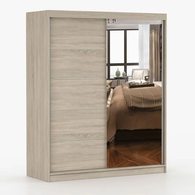 Kleiderschrank / Schiebetürenschrank mit Spiegel | 195 x 160 x 61 cm | Eiche | Galtee 01 | 2 Türen | 6 Fächer | geräumiges Innenvolumen | Einfarbig