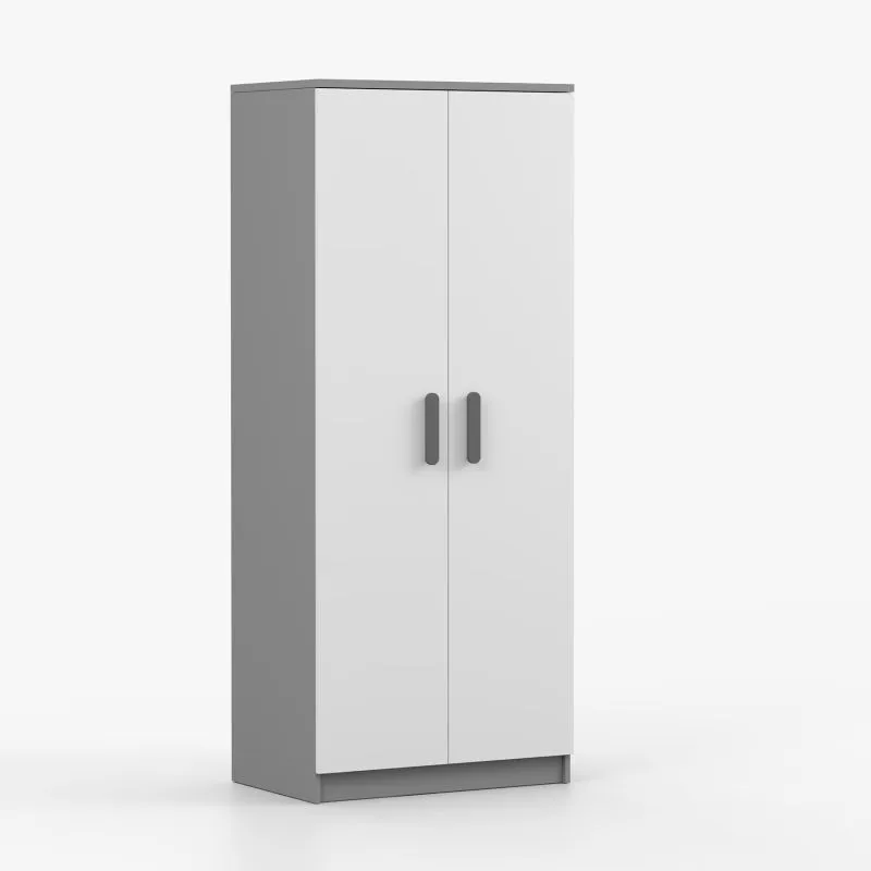 Drehtürenschrank / Kleiderschrank  | 192 x 80 x 50 cm | Weiß / Grau | Smolikas 64 | 2 Türen | 1 Kleiderstange | 5 Fächer | graue Holzgriffe
