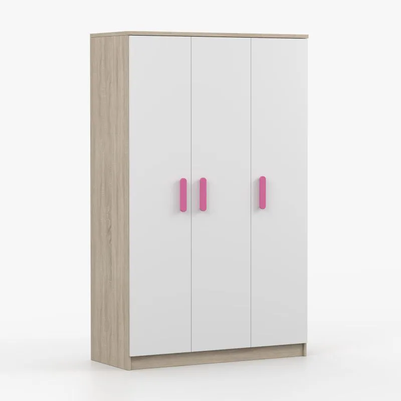 Kleiderschrank / Drehtürenschrank | Holzgriffe | Weiß / Sonoma Eiche | Kleiderstange | 192 x 120 x 50 cm | Smolikas 101 | 3 Türen | 9 Fächer