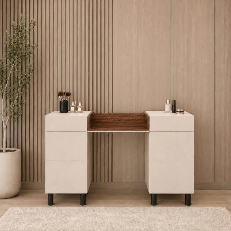 Schminktisch Claritha | Farbe: Kaschmir / Livorno Eiche Dekor | 6 Schubladen | inkl. Spiegel | Kosmetiktisch | Schlafzimmer | Elegant & Modern