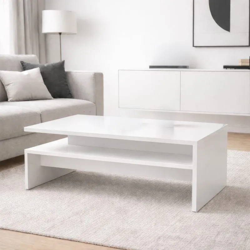 Couchtisch Polien 5 | Farbe: Weiß Hochglanz | große Ablage | geometrische Form | pflegeleicht und stabil | Sofatisch | 90 x 60 x 41,4 cm | Wohnzimmertisch