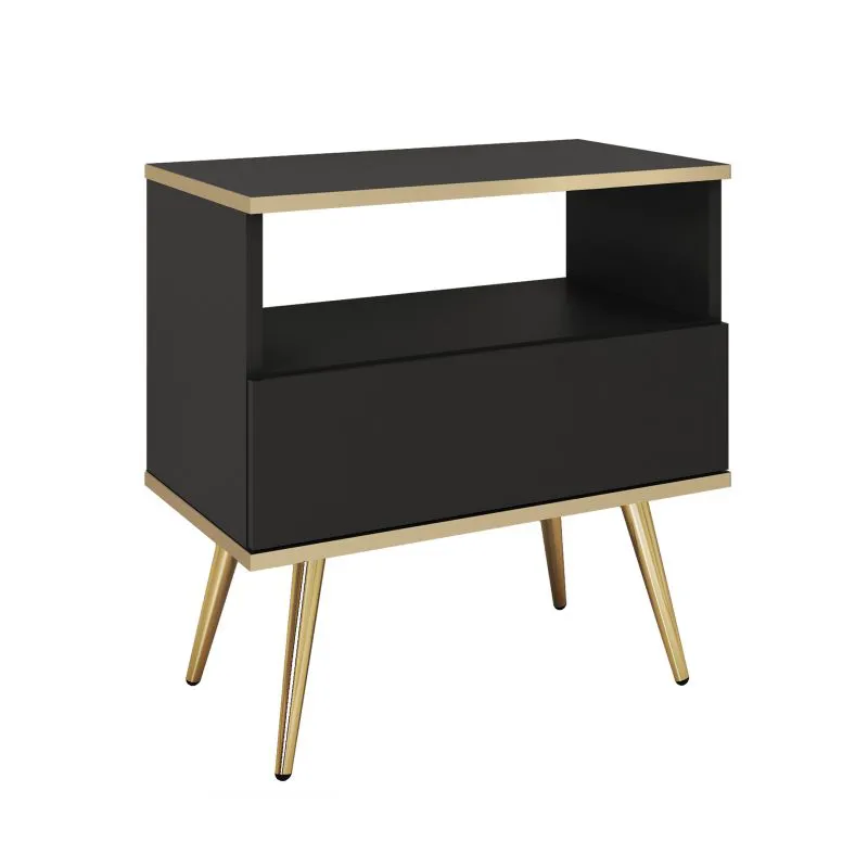 Dunkle Nachtkommode mit einer Schublade Horsham 78, Farbe: Schwarz, Push-to-open Funktion, ein Ablagefach, Maße: 59 x 54 x 39 cm, Beine: Gold
