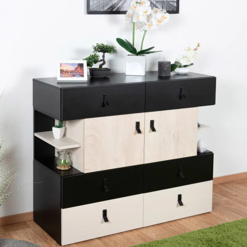 Jugendzimmer - Kommode Aalst 08, Farbe: Eiche / Creme / Schwarz - Abmessungen: 90 x 110 x 40 cm (H x B x T)