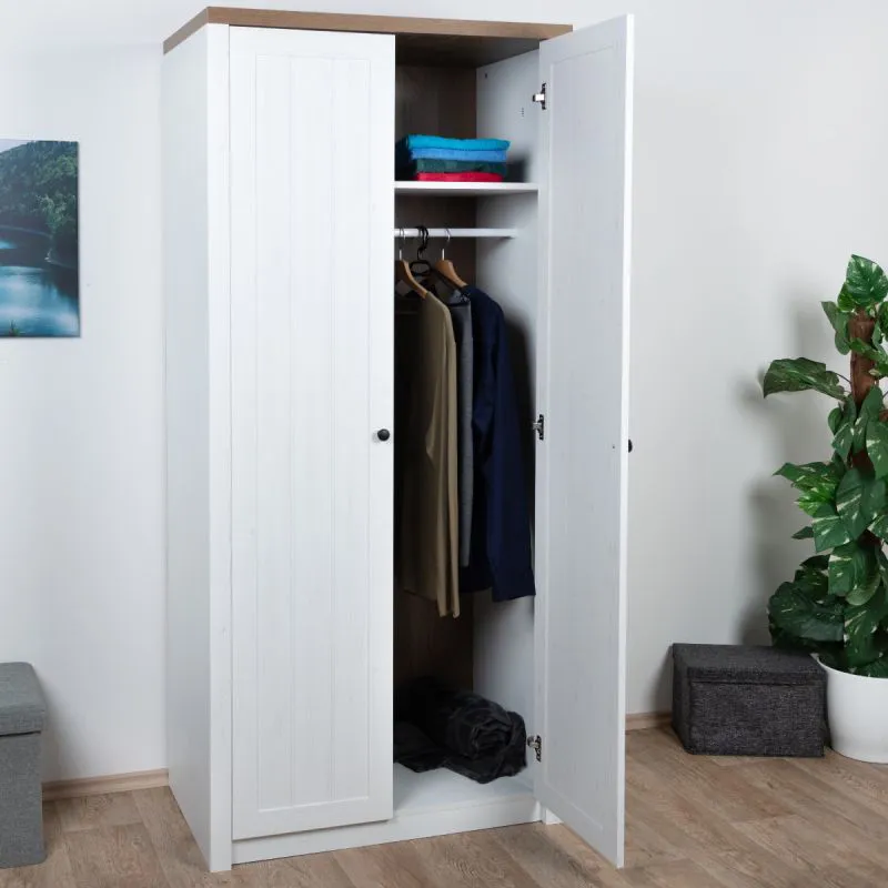 Drehtürenschrank / Kleiderschrank Segnas 07, Farbe: Kiefer Weiß / Eiche Braun - 198 x 90 x 53 cm (H x B x T)