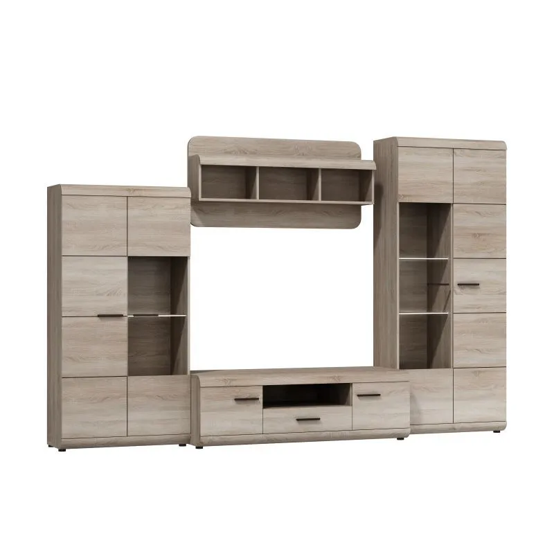 Wohnwand - Set C Gabes für Wohnzimmer, 4-teilig, Farbe: Eiche Sonoma, hohen Vitrine, Hängeregal, TV-Unterschrank, kleinen Vitrine