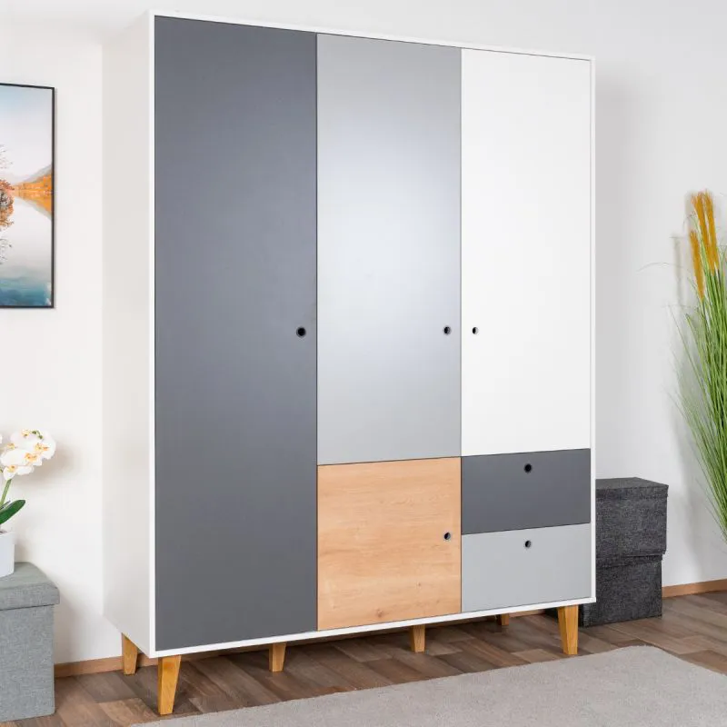 Jugendzimmer - Drehtürenschrank / Kleiderschrank Syrina 05, Farbe: Weiß / Grau / Eiche - Abmessungen: 202 x 153 x 55 cm (H x B x T)