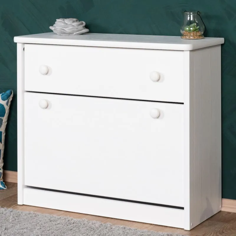Schuhschrank Kiefer Vollholz massiv weiß lackiert Junco 218 - Abmessungen: 62 x 72 x 30 cm (H x B x T)