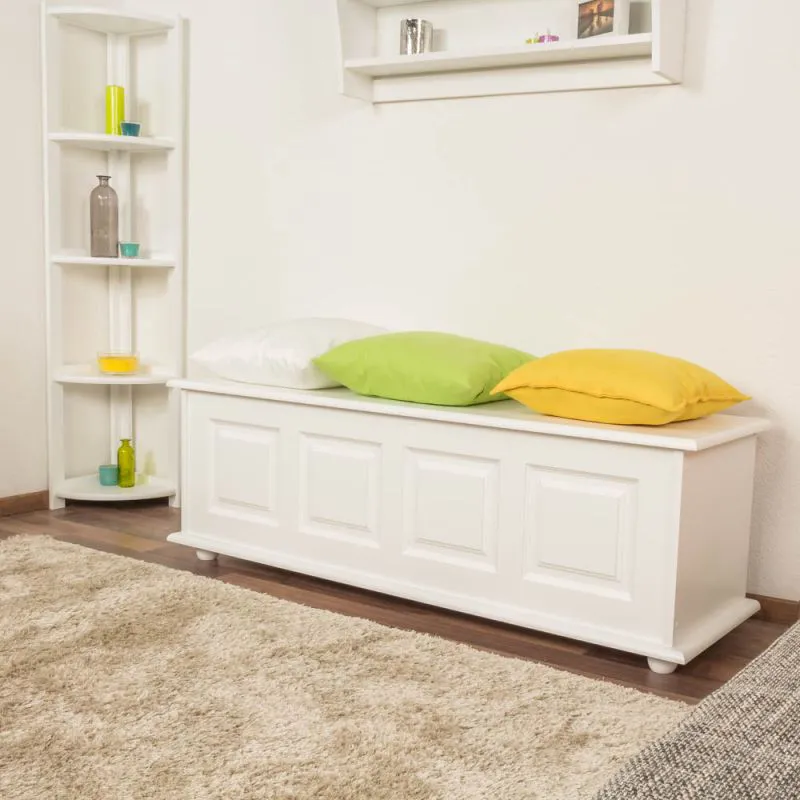 Truhe Holztruhe Kiefer massiv Vollholz weiß lackiert 179 – 50 x 154 x 46 cm (H x B x T), Sitztruhe Truhenbank