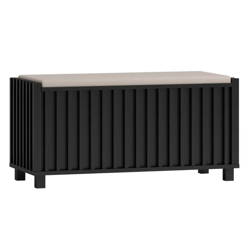 Sitzbank mit Stauraum mit weißer Polsterung, schwarze Truhe, 48 x 99 x 40 cm, aufklappbare Sitzfläche, Metallbeine, ABS-Kanten