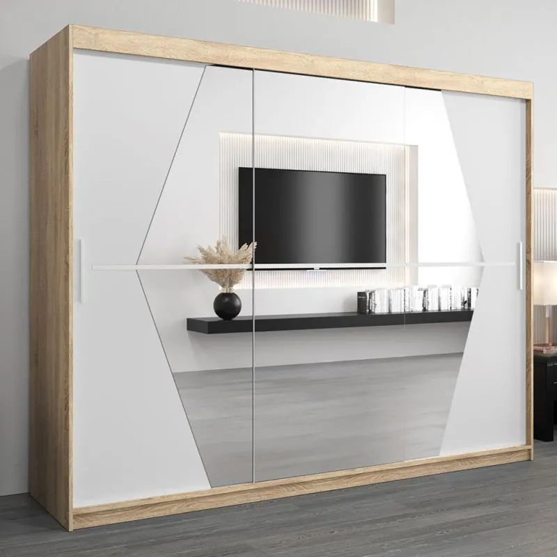 Schiebetürenschrank / Kleiderschrank Alphubel 06 mit Spiegel, Farbe: Eiche Sonoma / Weiß matt - Abmessungen: 200 x 250 x 62 cm ( H x B x T)