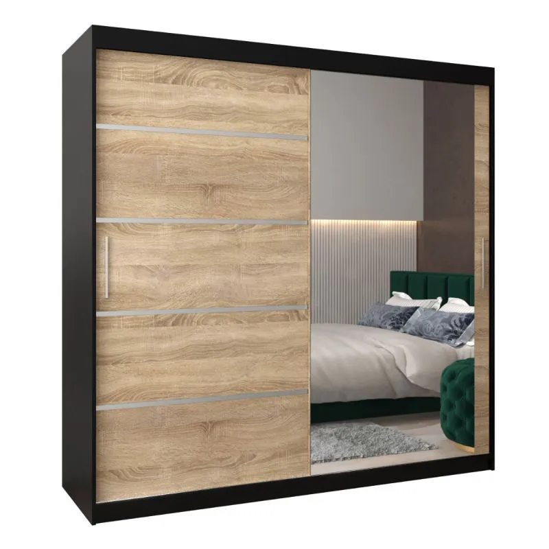 200 cm breiter Kleiderschrank mit 10 Fächern und 2 Türen | Farbe: Schwarz Abbildung