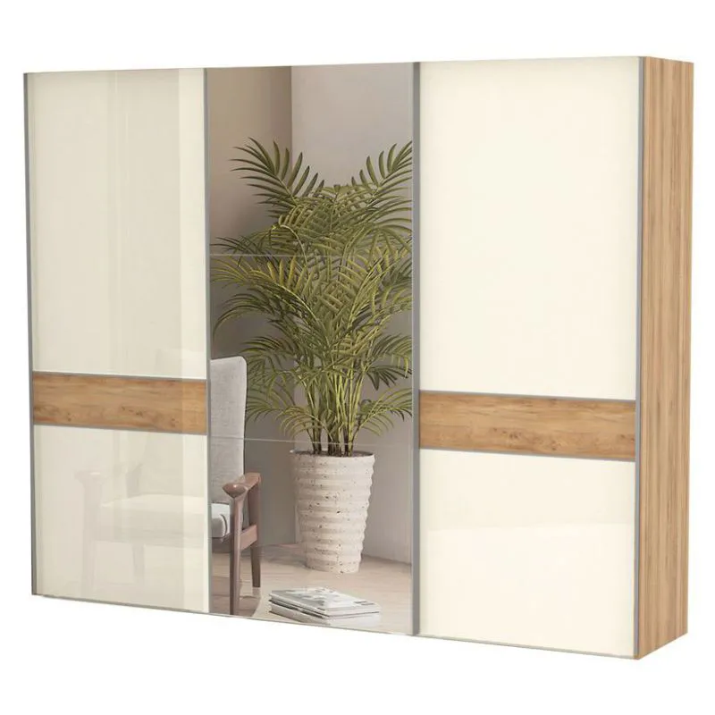 272 cm breiter Kleiderschrank mit 9 Fächern und 3 Türen | Farbe: Beige Abbildung