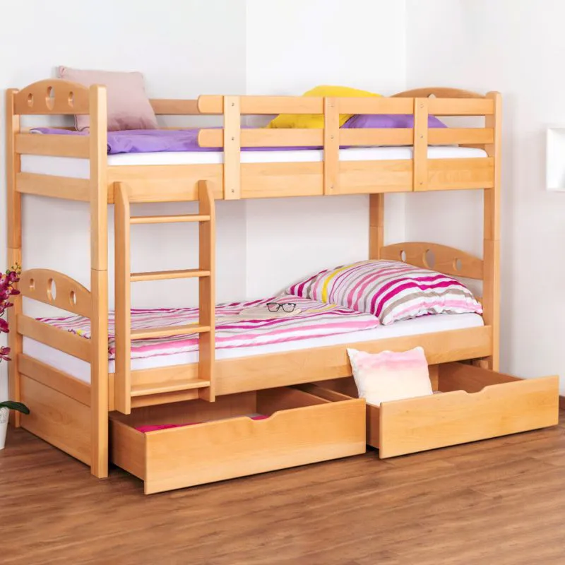 Funktions-Etagenbett 90 x 200 cm mit 2 Schubladen als Stauraum | Massivholz: Buche | Natur Lackiert | umbaubar in zwei Einzelbetten | Premium-Qualität | inkl. Rollroste Abbildung