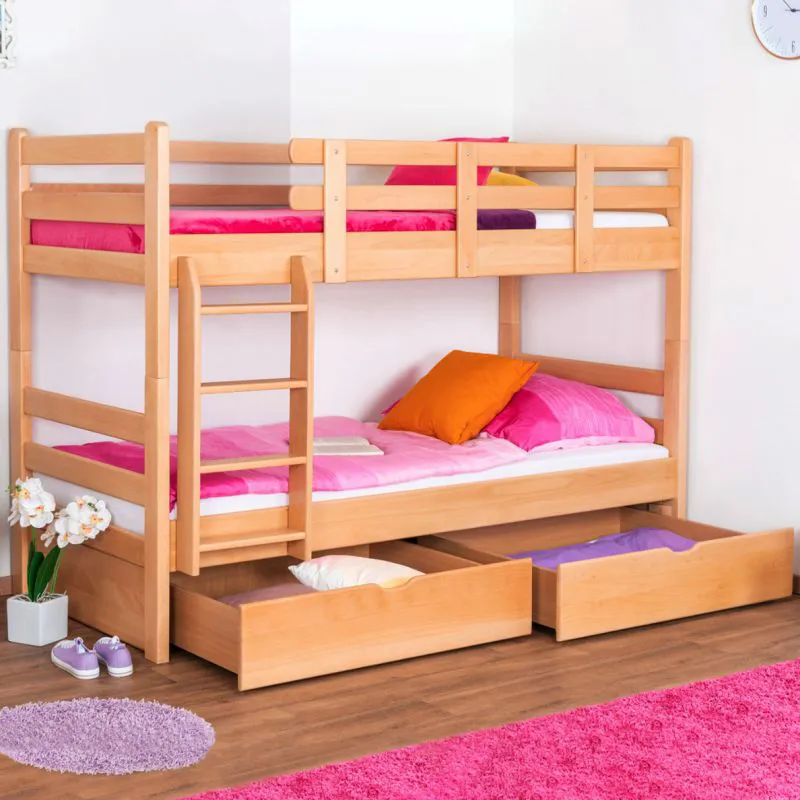 Funktions-Etagenbett 90 x 200 cm mit 2 Schubladen als Stauraum | Massivholz: Buche | Natur Lackiert | umbaubar in zwei Einzelbetten | Premium-Qualität | inkl. Rollroste Abbildung