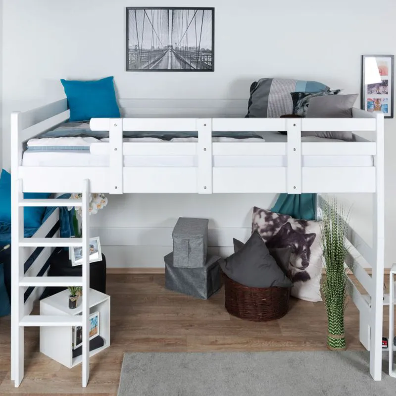 Hochbett 160 x 190 cm | Massivholz: Buche | Weiß Lackiert | umbaubar in Einzelbett | Premium-Qualität | inkl. Rollrost Abbildung