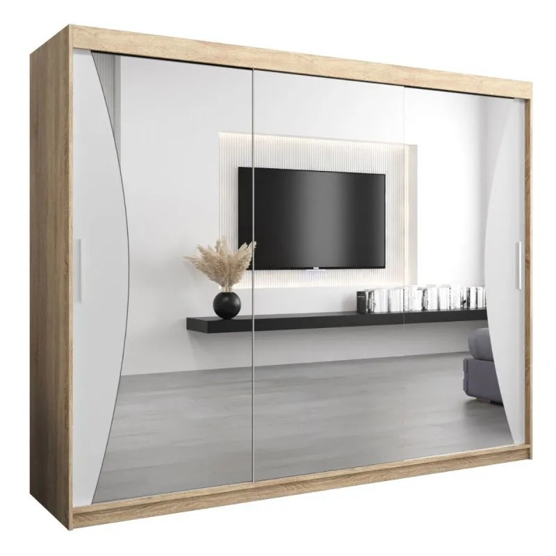 250 cm breiter Kleiderschrank mit 3 Türen | 10 Fächer | Farbe: Sonoma Eiche / Weiß Abbildung