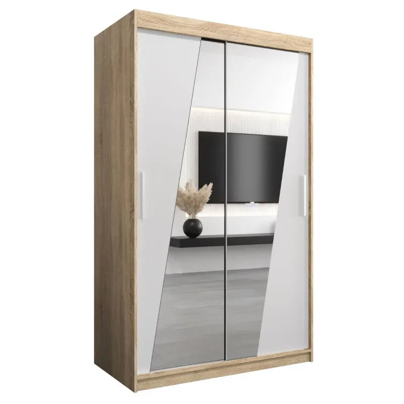 120 cm breiter Schiebetürenschrank mit 5 Fächern und 2 Türen | Farbe: Sonoma Eiche / Weiß | Laminiert Abbildung