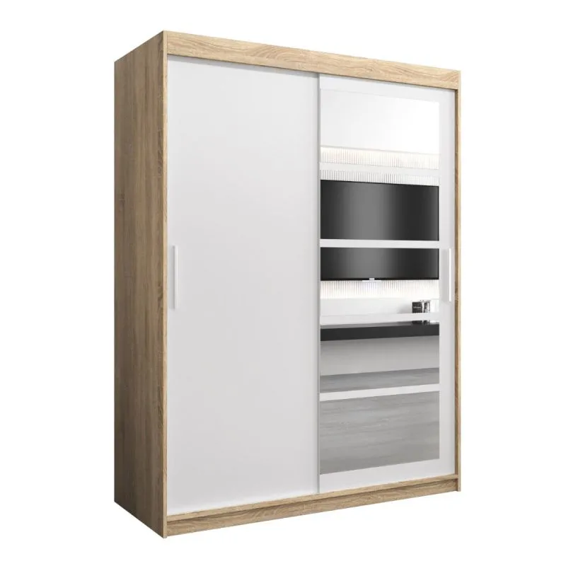 150 cm breiter Schiebetürenschrank mit 2 Türen | 5 Fächer | 2 Kleiderstangen | Farbe: Sonoma Eiche / Weiß Abbildung