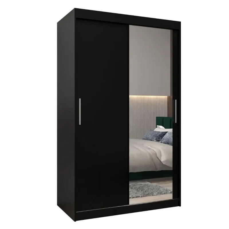 120 cm breiter Schiebetürenschrank mit 2 Türen | 5 Fächer | 2 Kleiderstangen | Farbe: Schwarz Abbildung