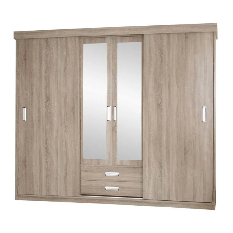 220 cm breiter Kleiderschrank mit 4 Türen, 5 Fächern und 2 Schubladen | Farbe: Sonoma Eiche | Tiefe: 62 cm Abbildung