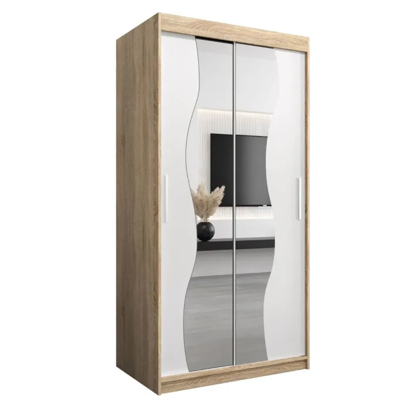 100 cm breiter Schiebetürenschrank mit 2 Türen | 5 Fächer | 2 Kleiderstangen | Farbe: Sonoma Eiche / Weiß Abbildung