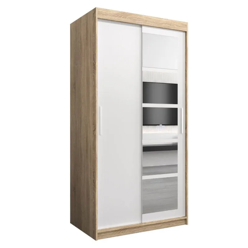 100 cm breiter Schiebetürenschrank mit 2 Türen | 5 Fächer | 2 Kleiderstangen | Farbe: Sonoma Eiche / Weiß Abbildung