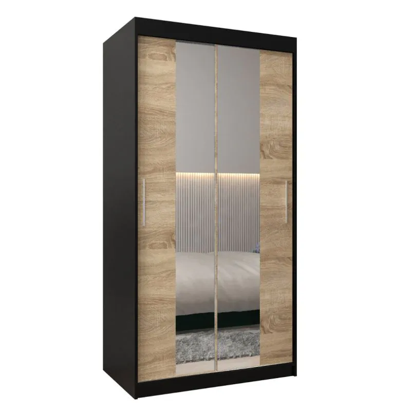 100 cm breiter Schiebetürenschrank mit 2 Türen | 5 Fächer | 2 Kleiderstangen | Farbe: Schwarz Abbildung