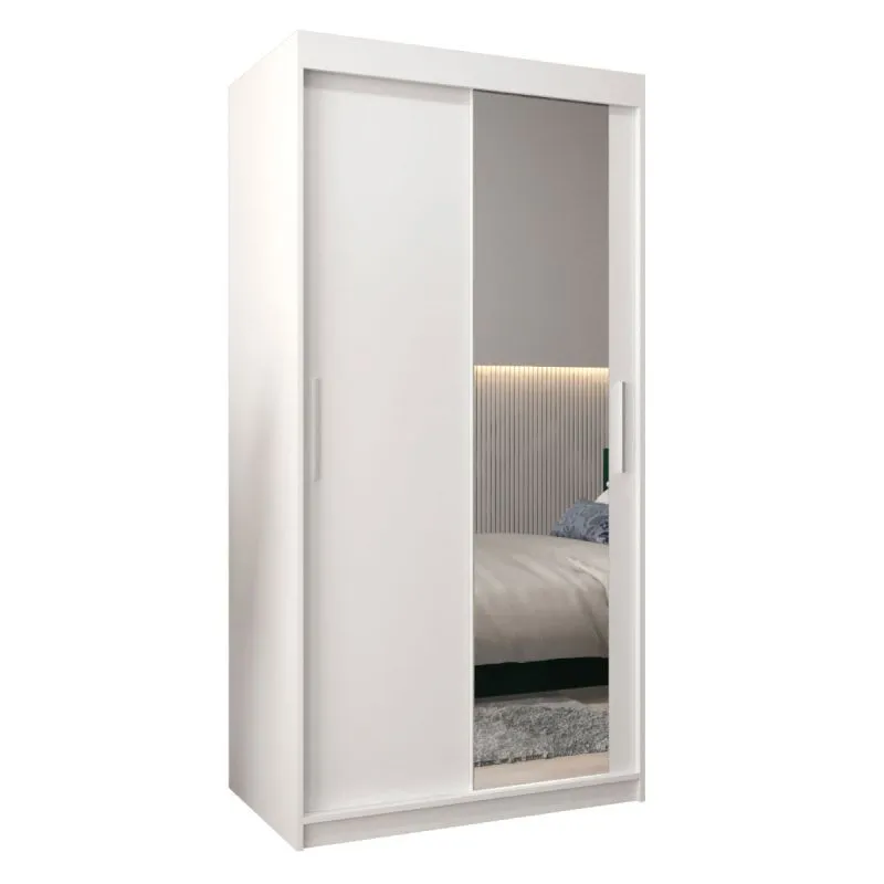 100 cm breiter Schiebetürenschrank mit 2 Türen | 5 Fächer | 2 Kleiderstangen | Farbe: Weiß Abbildung