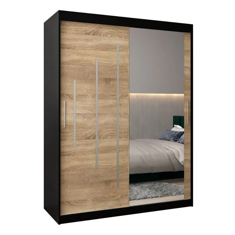 150 cm breiter Kleiderschrank mit 2 Türen | 5 Fächer | Farbe: Schwarz Abbildung